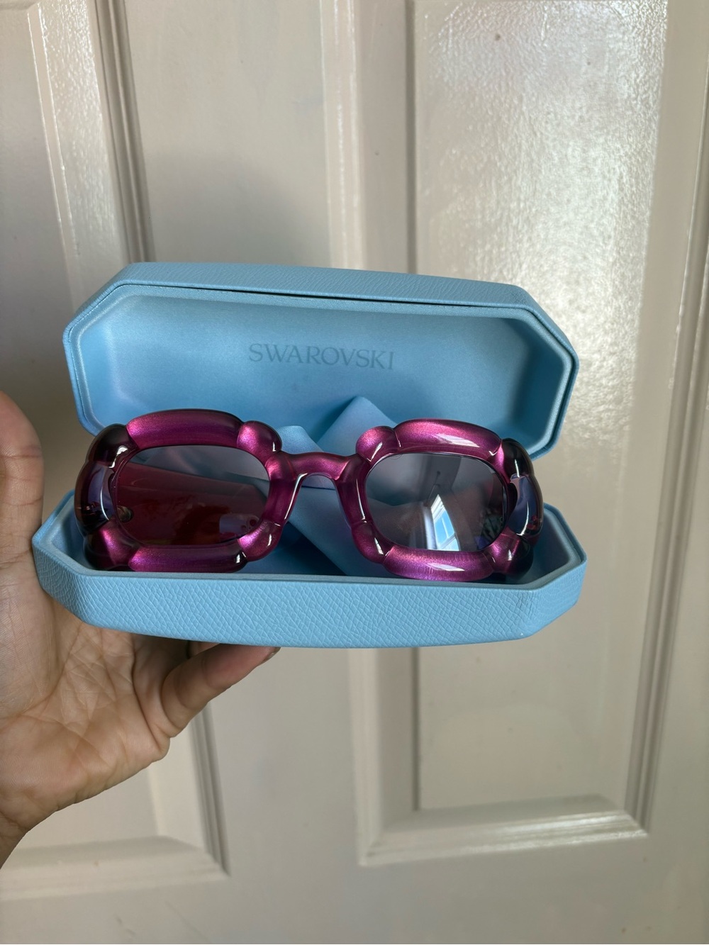 Swarovski Women’s Metallic Fuchsia Rounded Frame Sunglasses